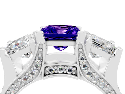 White gold Princess Cut Tanzanite Three-Stone Ring with Channel Set Band and Four-Prong Setting_4