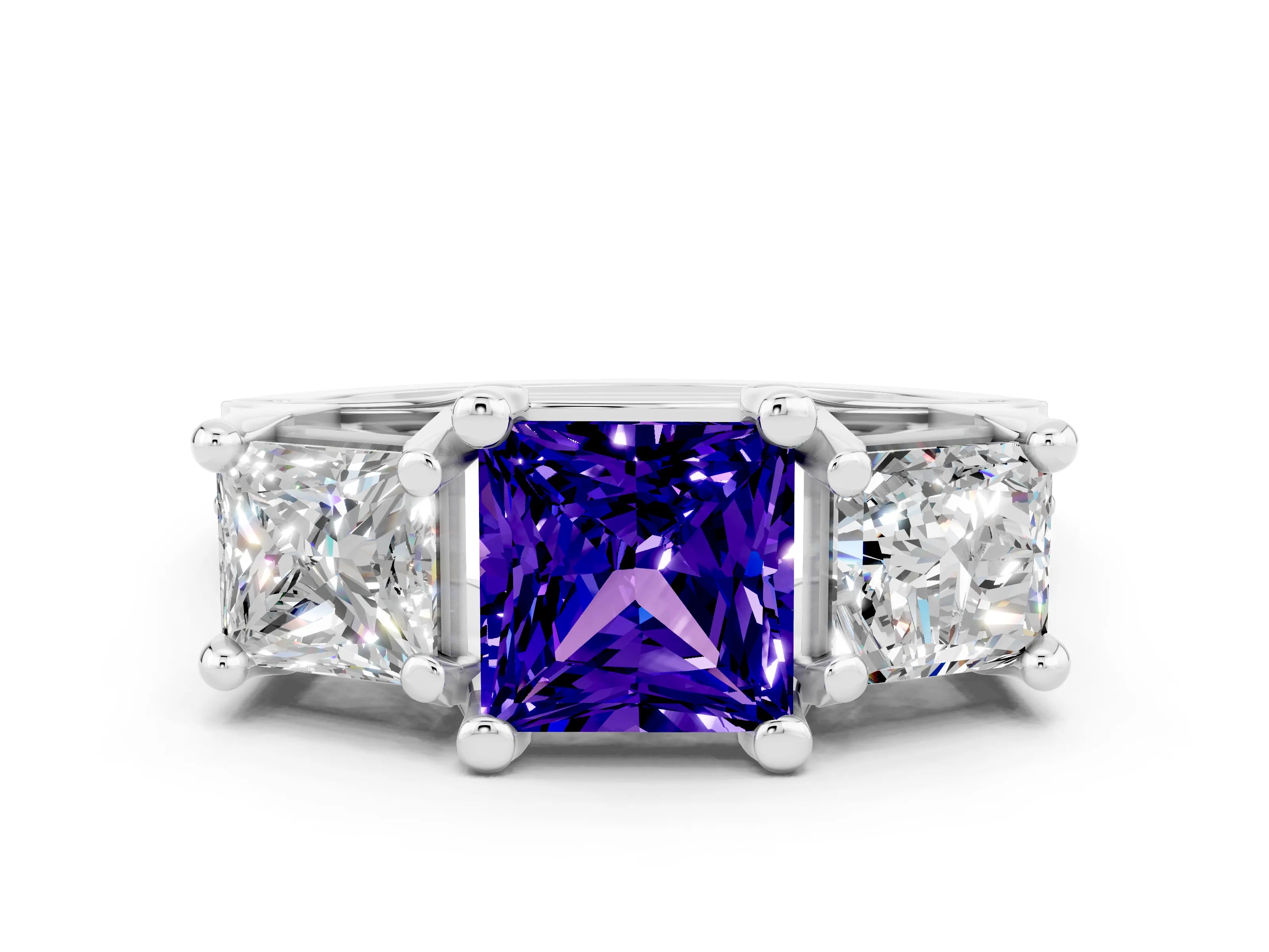 White gold Princess Cut Tanzanite Three-Stone Ring with Channel Set Band and Four-Prong Setting