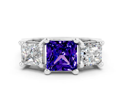 White gold Princess Cut Tanzanite Three-Stone Ring with Channel Set Band and Four-Prong Setting