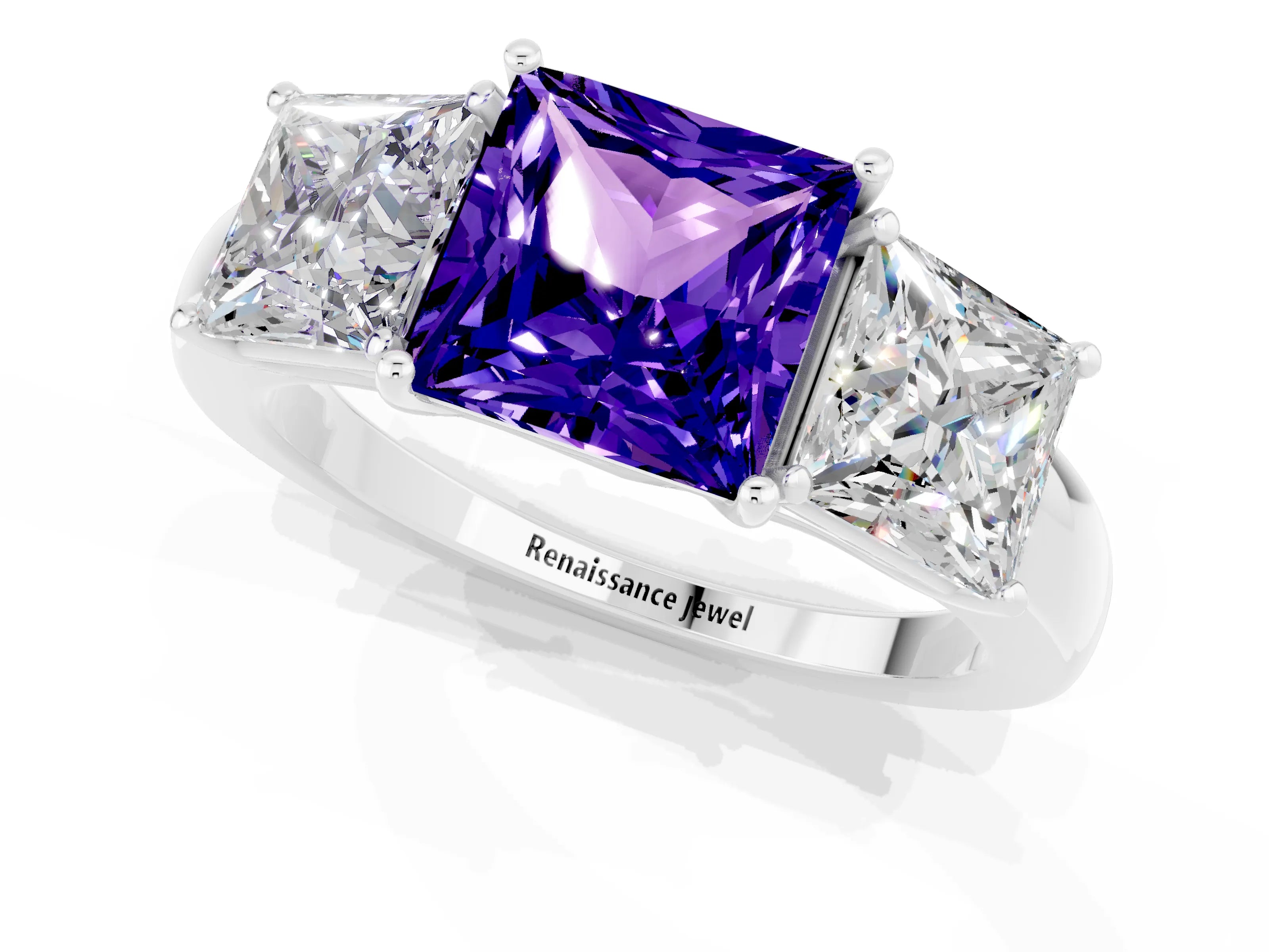 White gold Princess Cut Tanzanite Three-Stone Ring with Four-Prong Setting and Classic Band_1