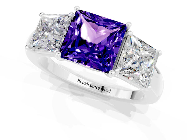 Platinum Princess Cut Tanzanite Three-Stone Ring with Four-Prong Setting and Classic Band