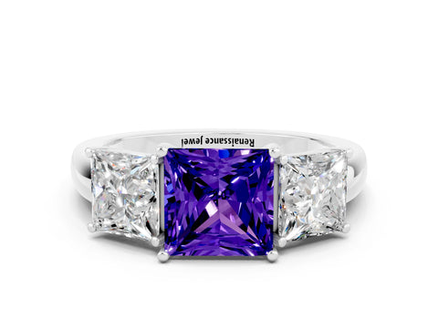 White gold Princess Cut Tanzanite Three-Stone Ring with Four-Prong Setting and Classic Band