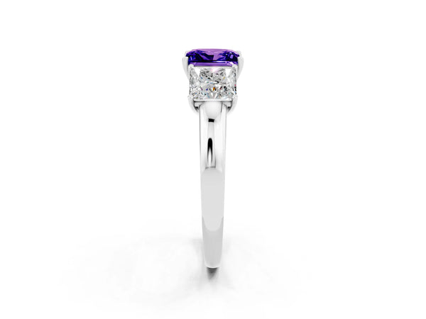 Platinum Princess Cut Tanzanite Three-Stone Ring with Four-Prong Setting and Classic Band