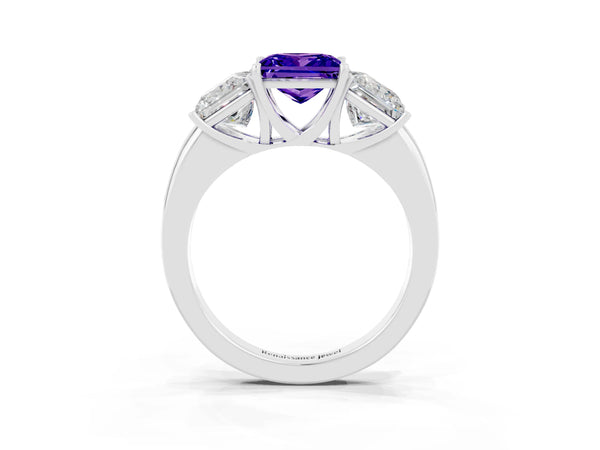 White gold Princess Cut Tanzanite Three-Stone Ring with Four-Prong Setting and Classic Band