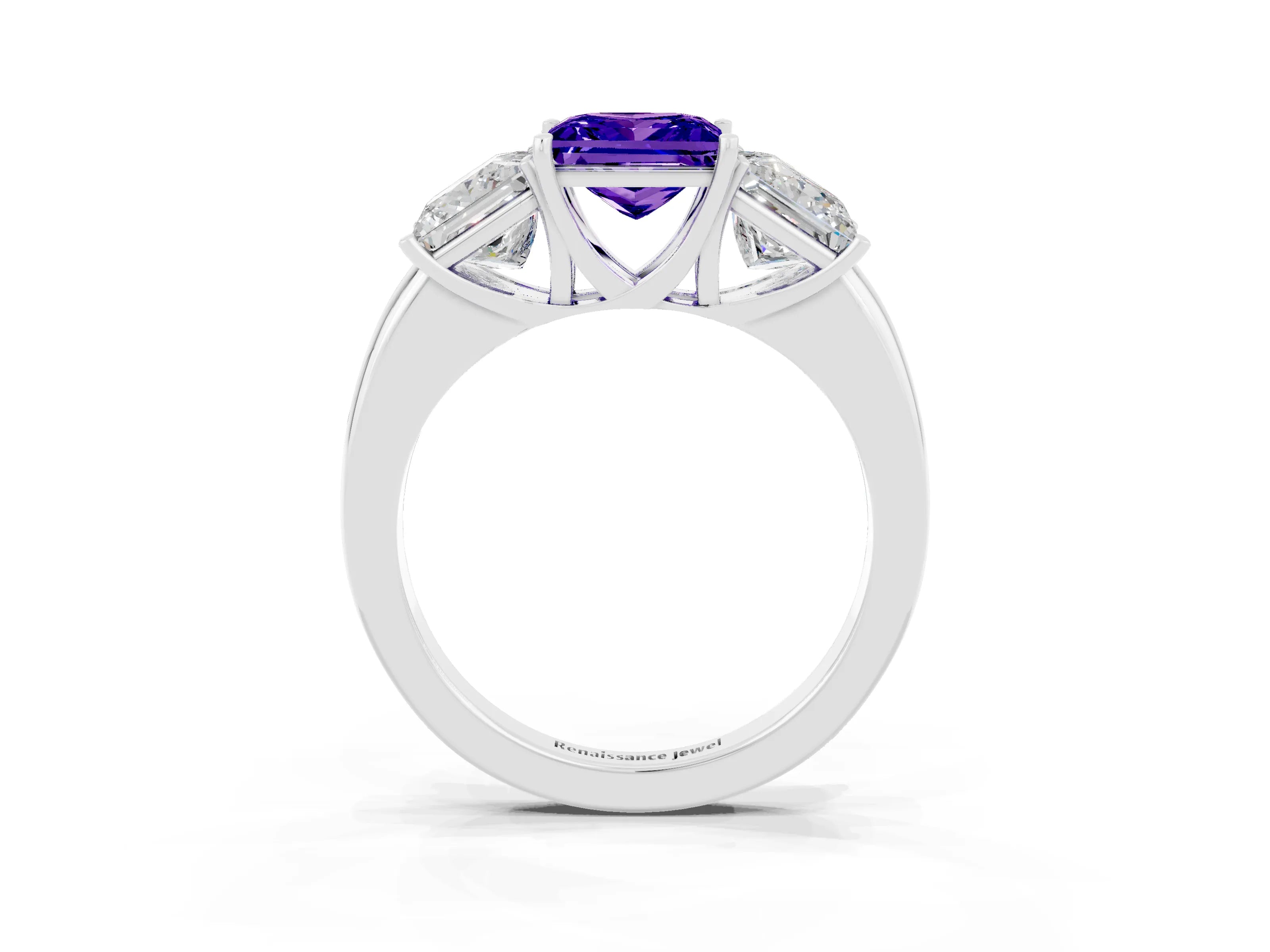 White gold Princess Cut Tanzanite Three-Stone Ring with Four-Prong Setting and Classic Band_3