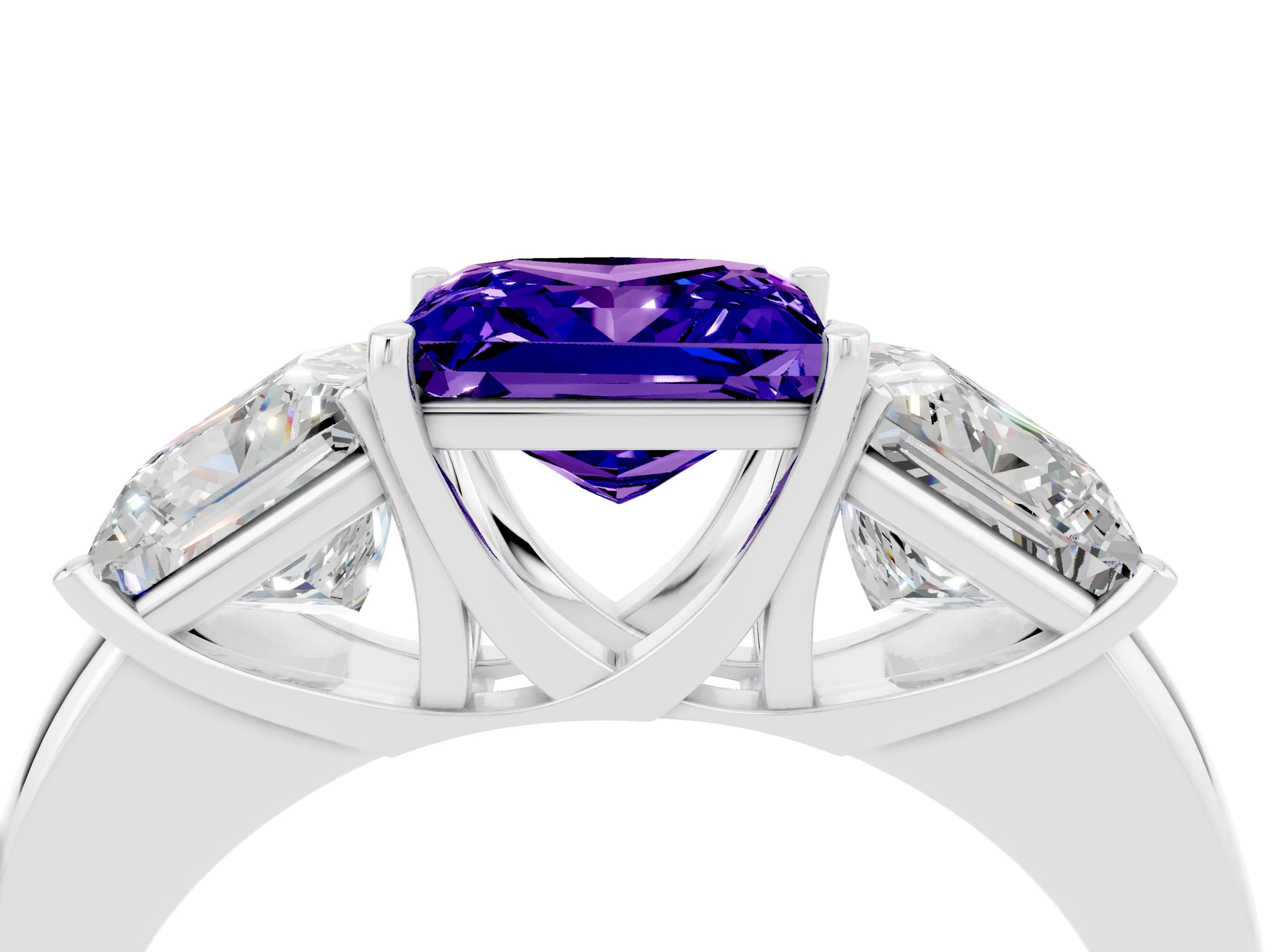 White gold Princess Cut Tanzanite Three-Stone Ring with Four-Prong Setting and Classic Band_4