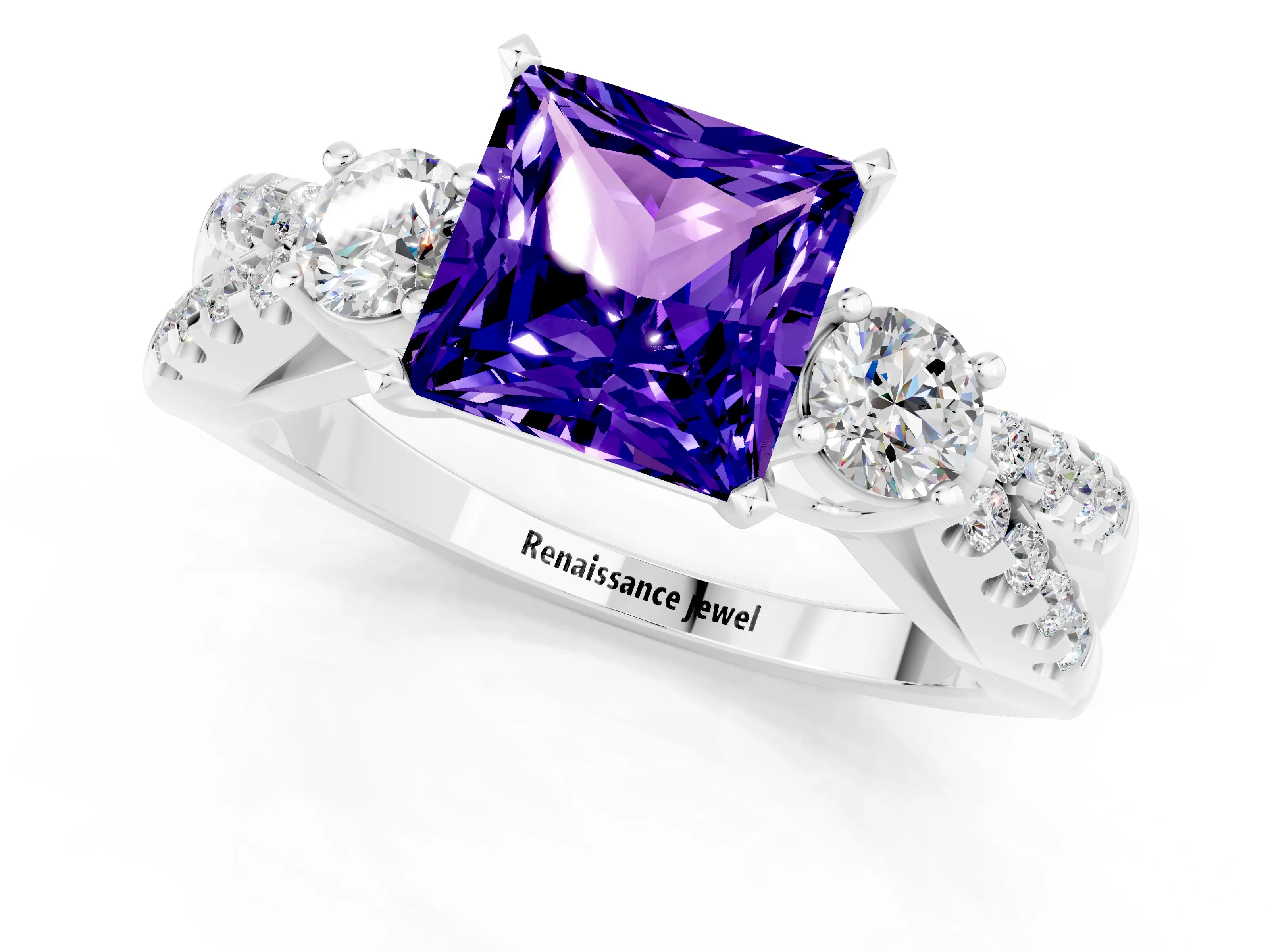 White gold Princess Cut Tanzanite Three-Stone Ring with Pavé Split Shank and Four-Prong Setting_1