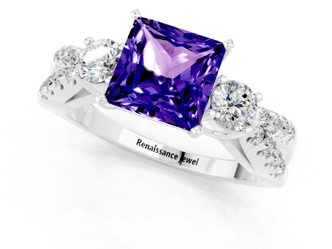 White gold Princess Cut Tanzanite Three-Stone Ring with Pavé Split Shank and Four-Prong Setting_1