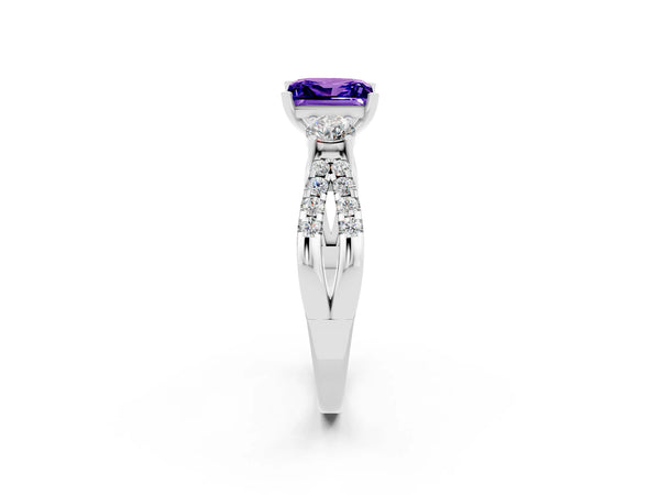 Platinum Princess Cut Tanzanite Three-Stone Ring with Pavé Split Shank and Four-Prong Setting