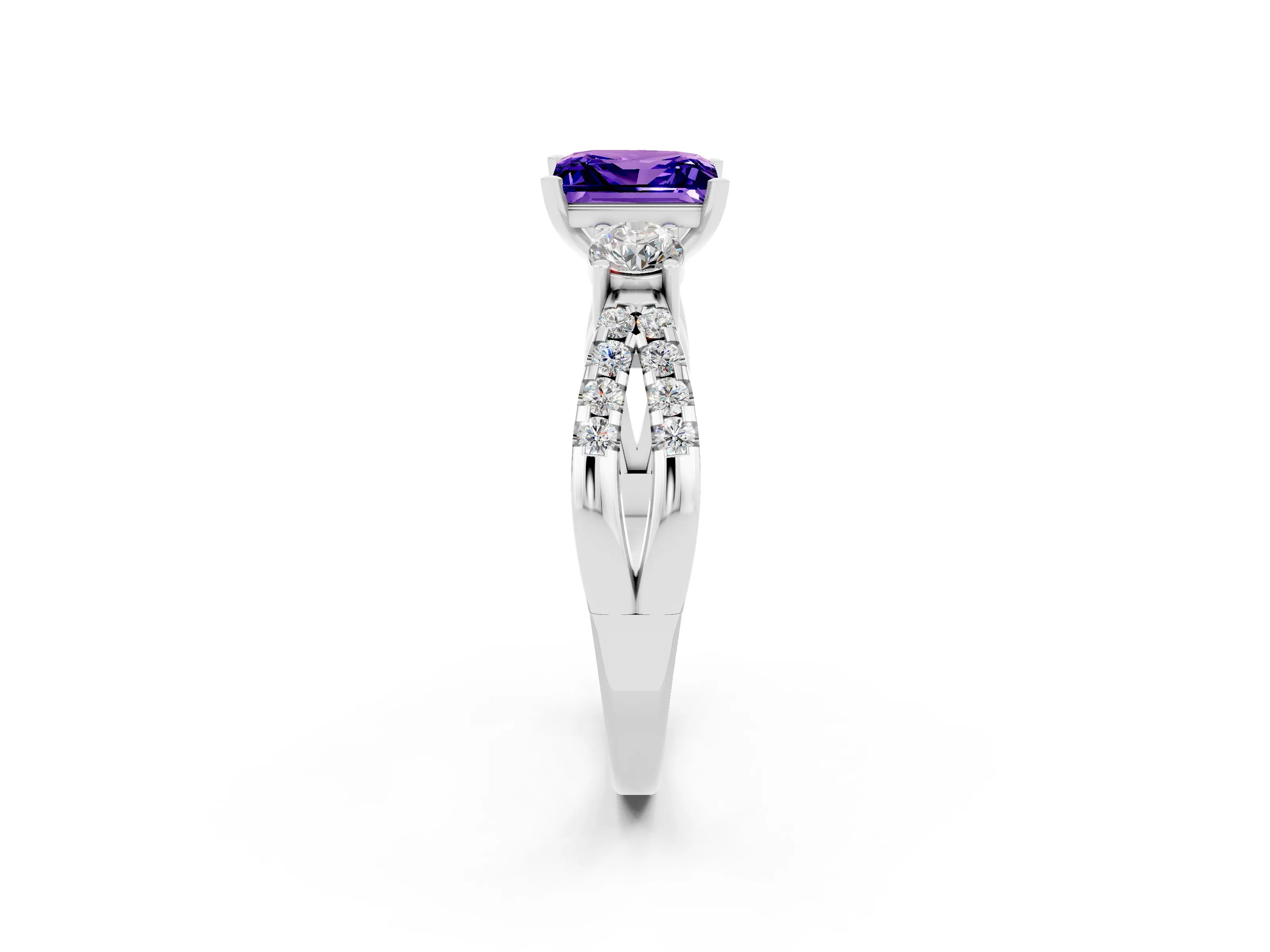 White gold Princess Cut Tanzanite Three-Stone Ring with Pavé Split Shank and Four-Prong Setting_2