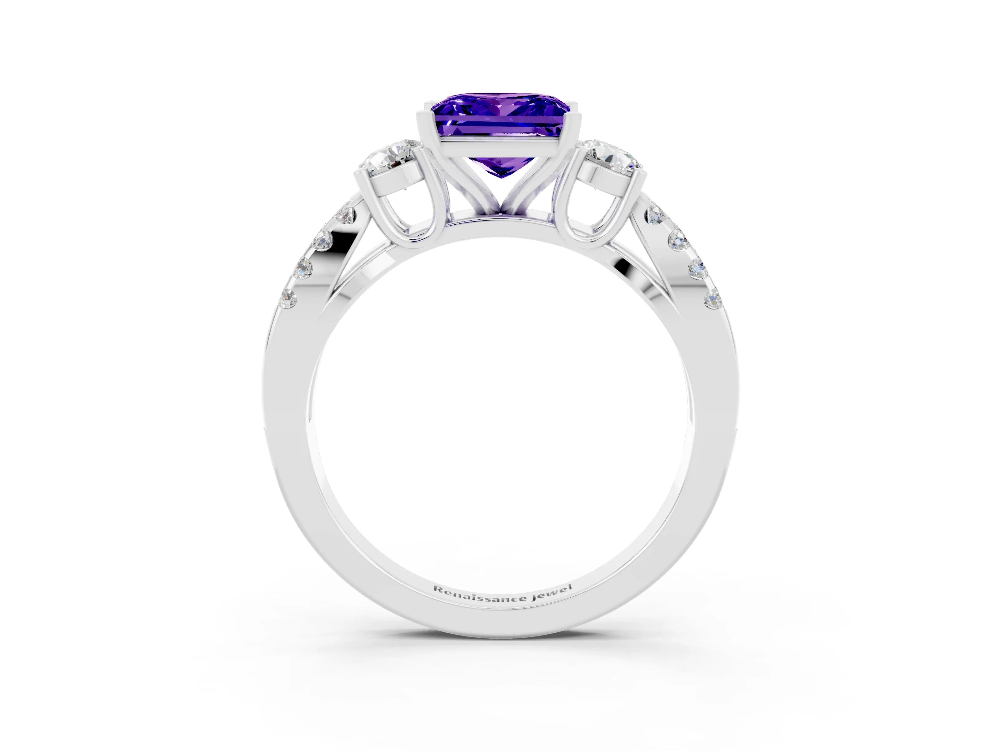 White gold Princess Cut Tanzanite Three-Stone Ring with Pavé Split Shank and Four-Prong Setting_3