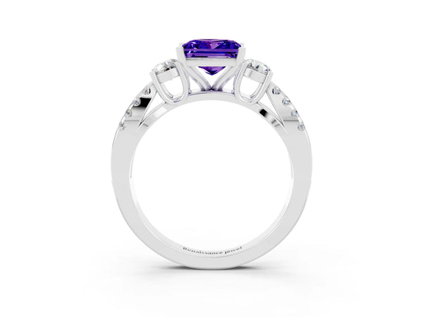 Platinum Princess Cut Tanzanite Three-Stone Ring with Pavé Split Shank and Four-Prong Setting