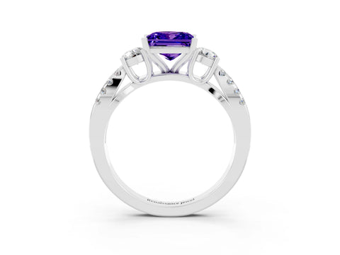 White gold Princess Cut Tanzanite Three-Stone Ring with Pavé Split Shank and Four-Prong Setting_3