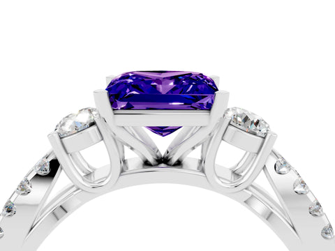 White gold Princess Cut Tanzanite Three-Stone Ring with Pavé Split Shank and Four-Prong Setting_4