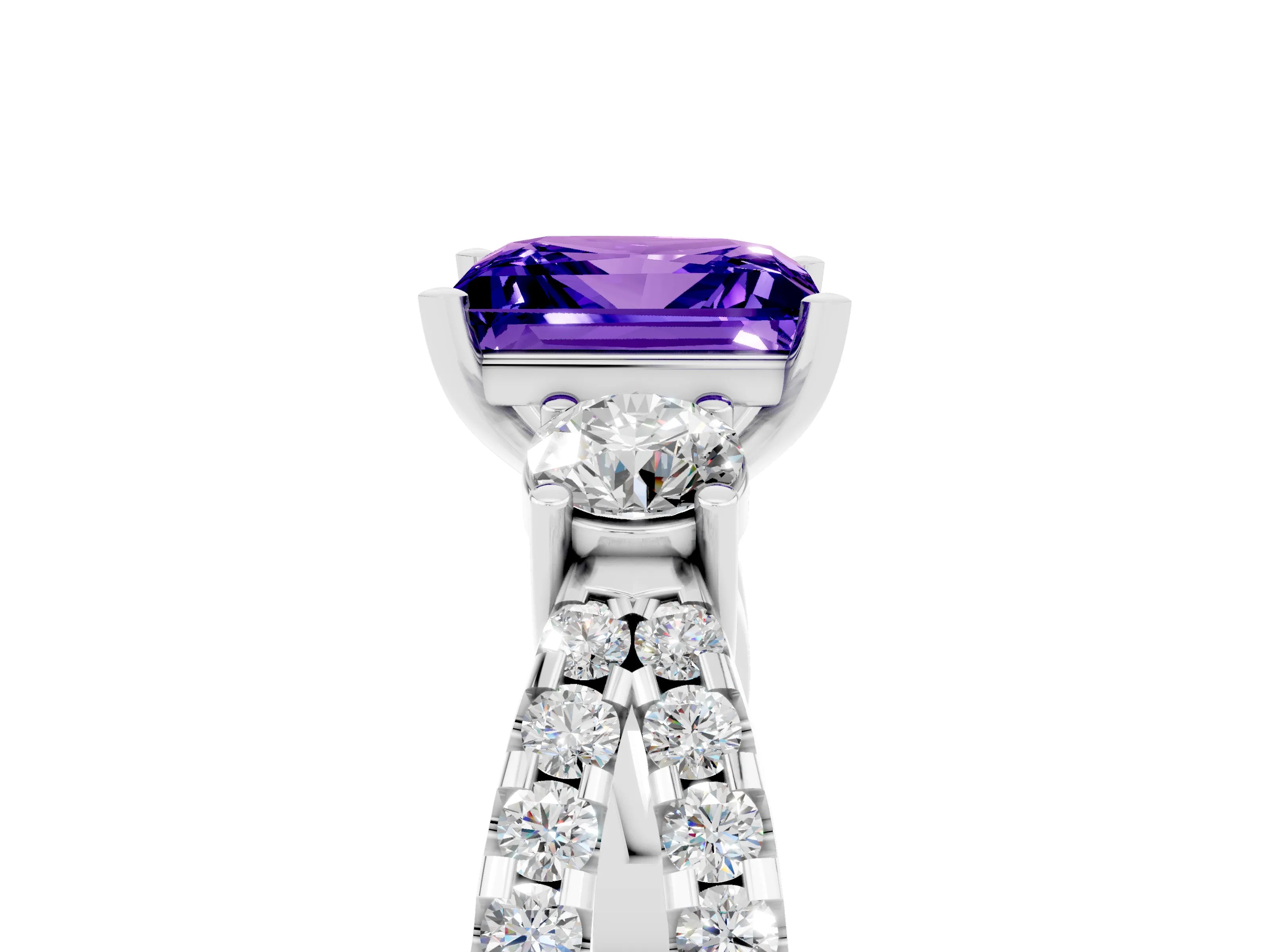 White gold Princess Cut Tanzanite Three-Stone Ring with Pavé Split Shank and Four-Prong Setting_5