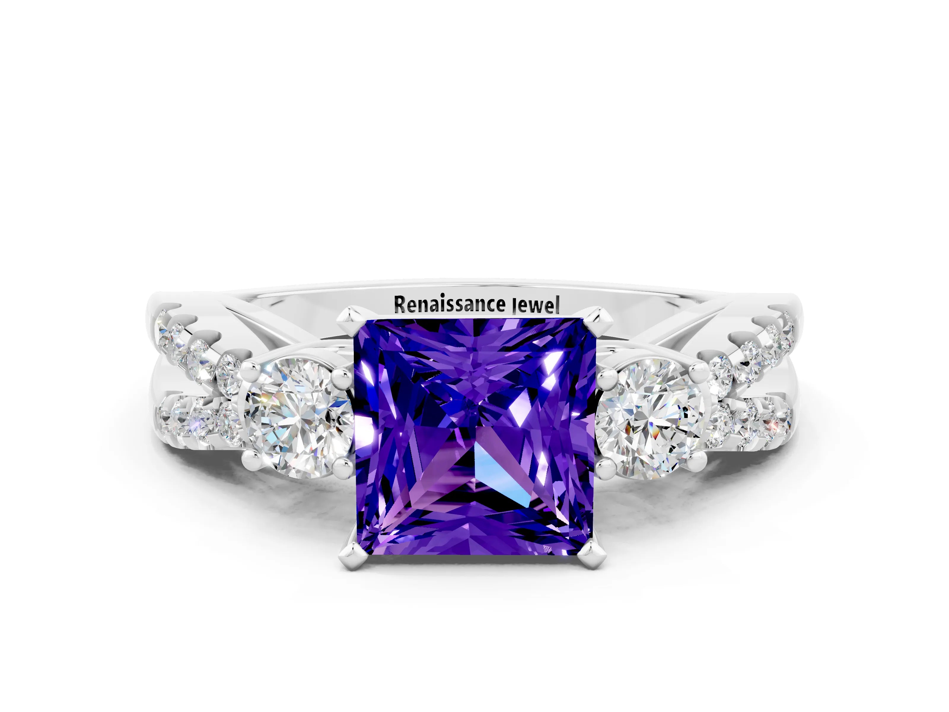White gold Princess Cut Tanzanite Three-Stone Ring with Pavé Split Shank and Four-Prong Setting