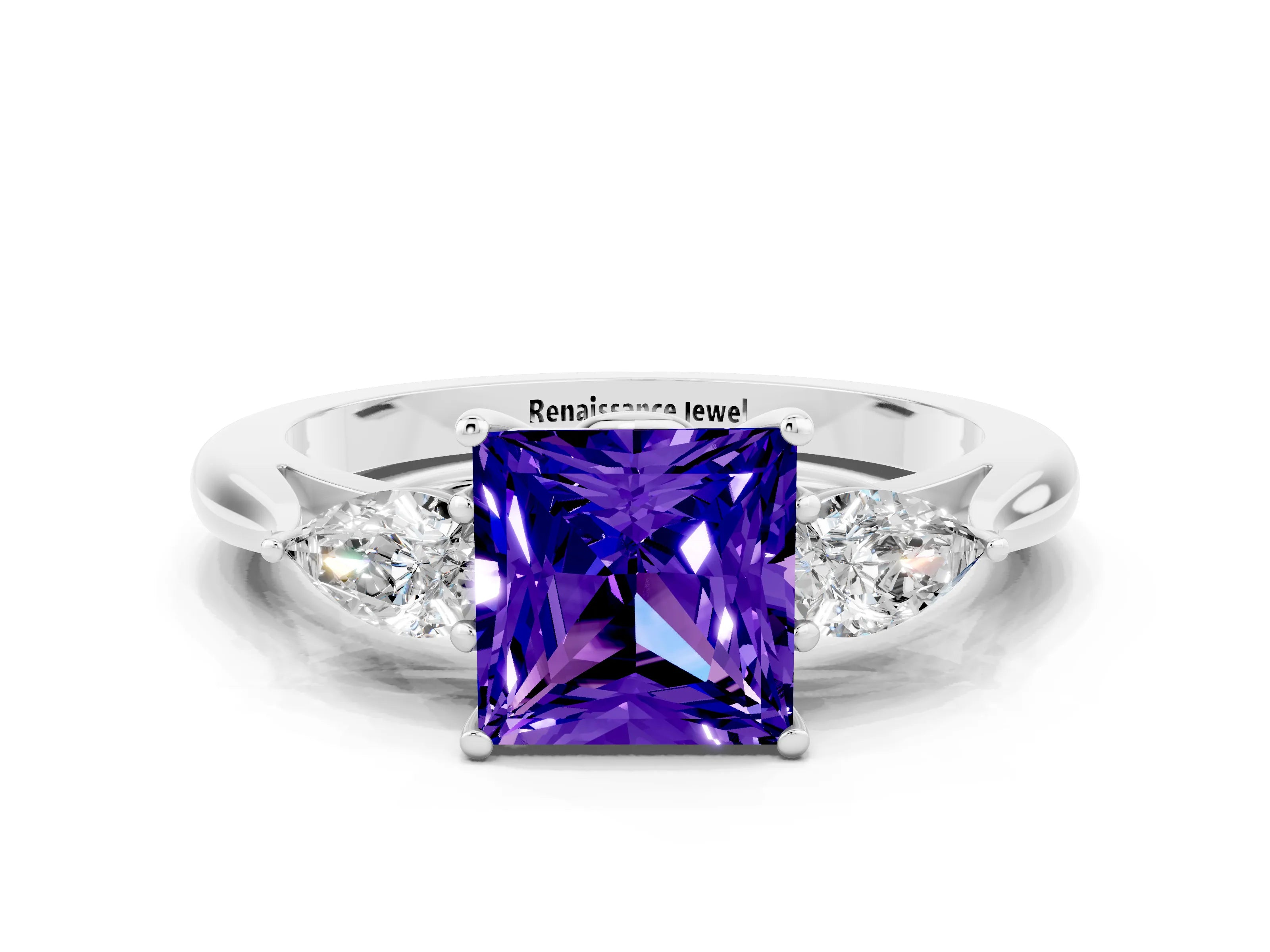 White gold Princess Cut Tanzanite Three-Stone Ring with Pear Side Stones and Four-Prong Setting_12