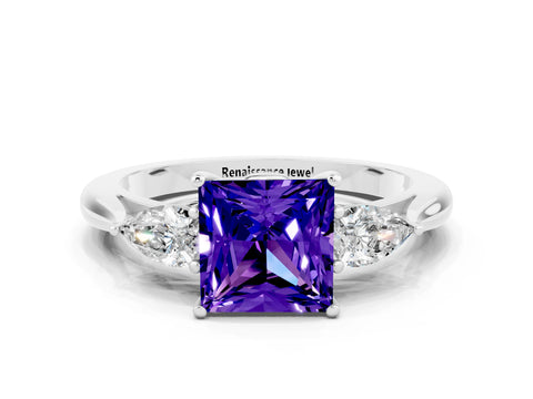 White gold Princess Cut Tanzanite Three-Stone Ring with Pear Side Stones and Four-Prong Setting_12