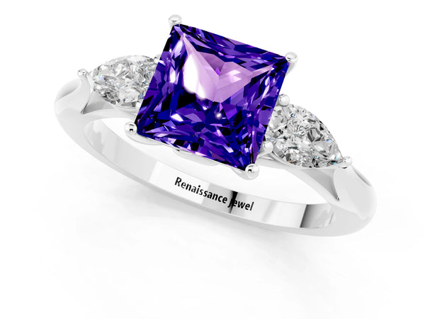 Silver Princess Cut Tanzanite Three-Stone Ring with Pear  Side Stones and Prong Setting
