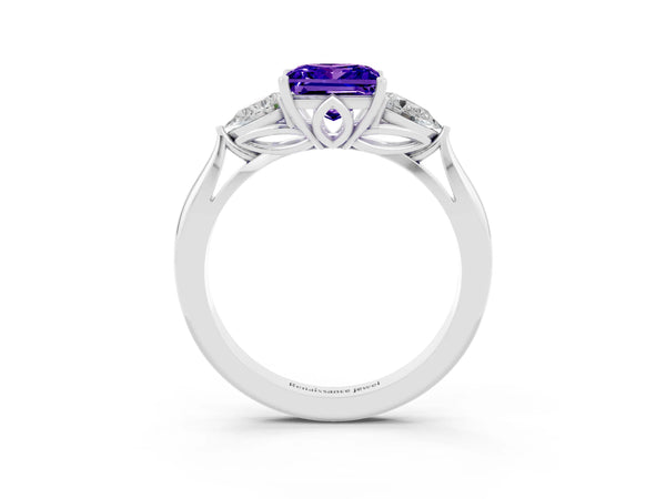 Platinum Princess Cut Tanzanite Three-Stone Ring with Pear  Side Stones and Prong Setting