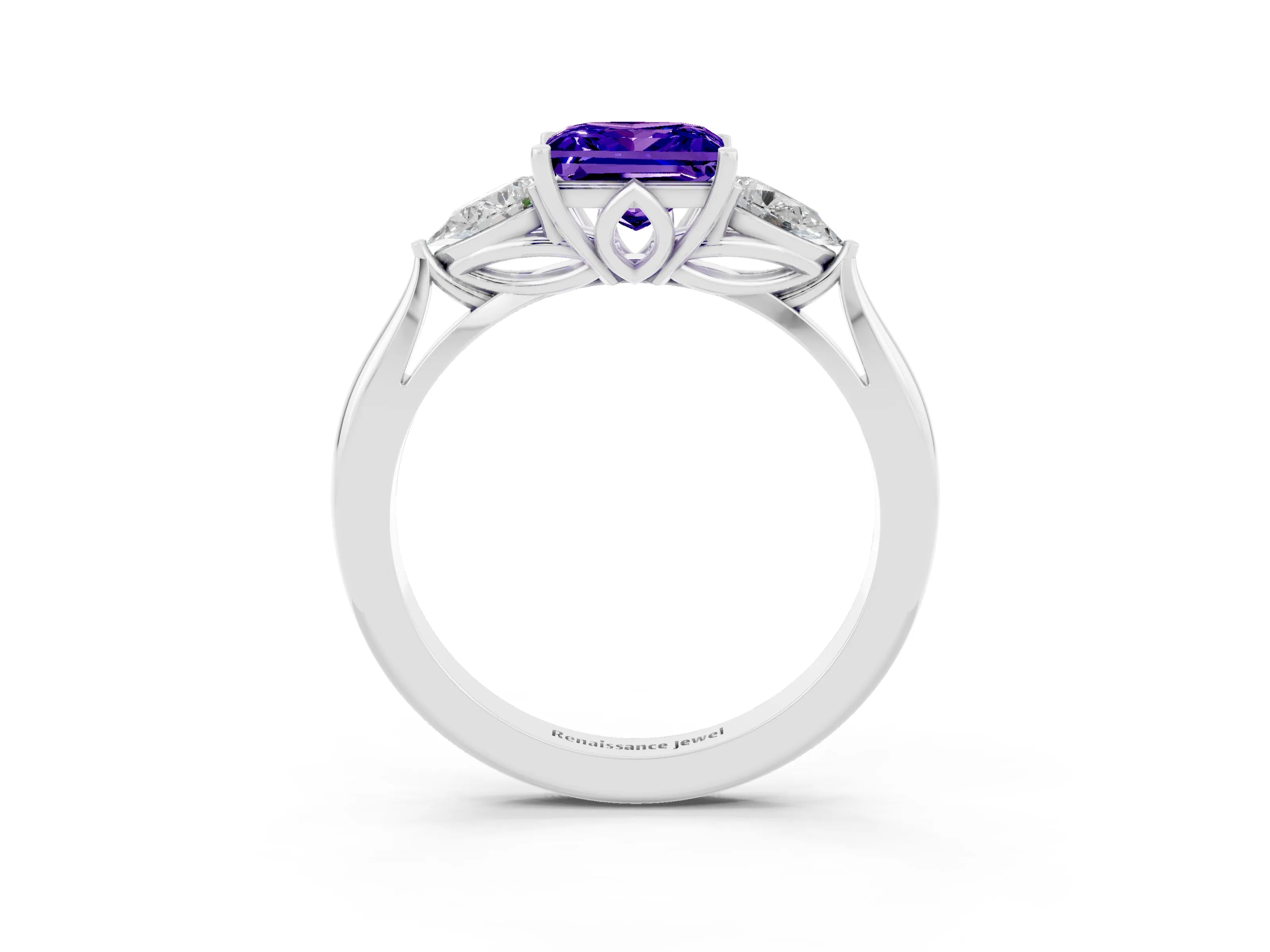 White gold Princess Cut Tanzanite Three-Stone Ring with Pear Side Stones and Four-Prong Setting_15