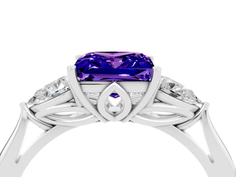 White gold Princess Cut Tanzanite Three-Stone Ring with Pear Side Stones and Four-Prong Setting_16