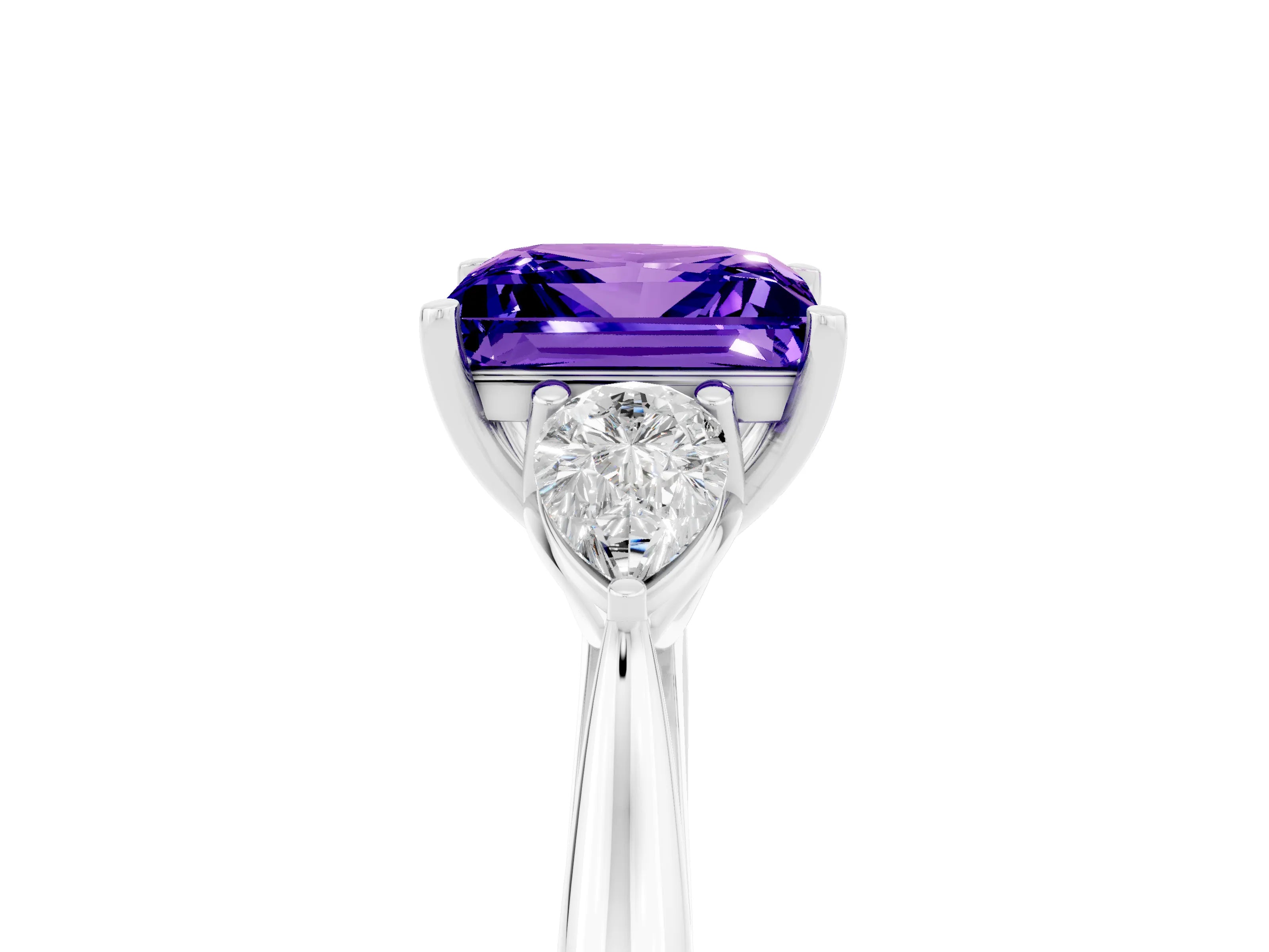 White gold Princess Cut Tanzanite Three-Stone Ring with Pear Side Stones and Four-Prong Setting_17