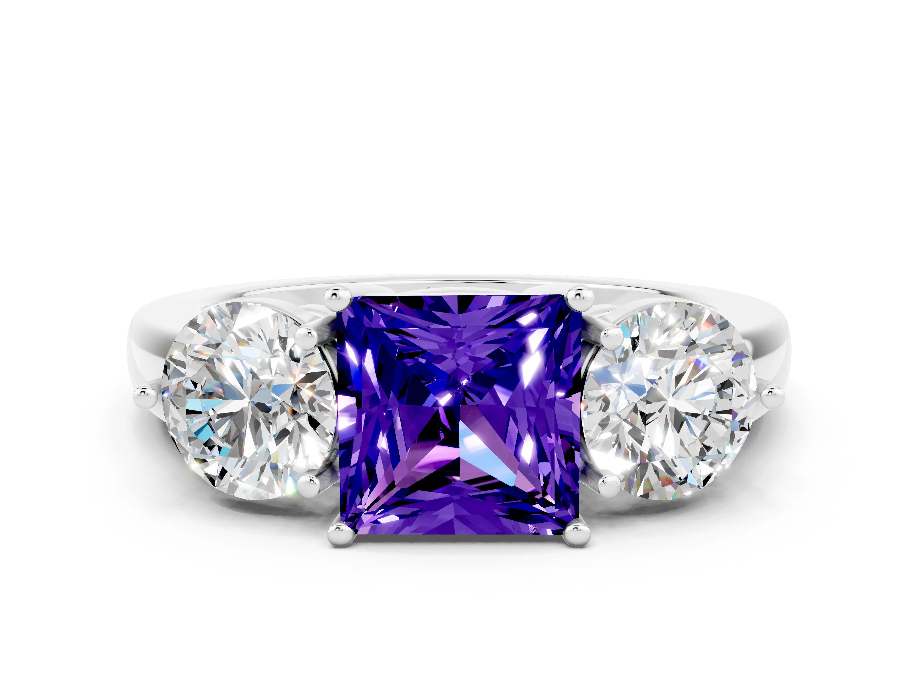 White gold Princess Cut Tanzanite Three-Stone Ring with Prong Setting and Classic Band