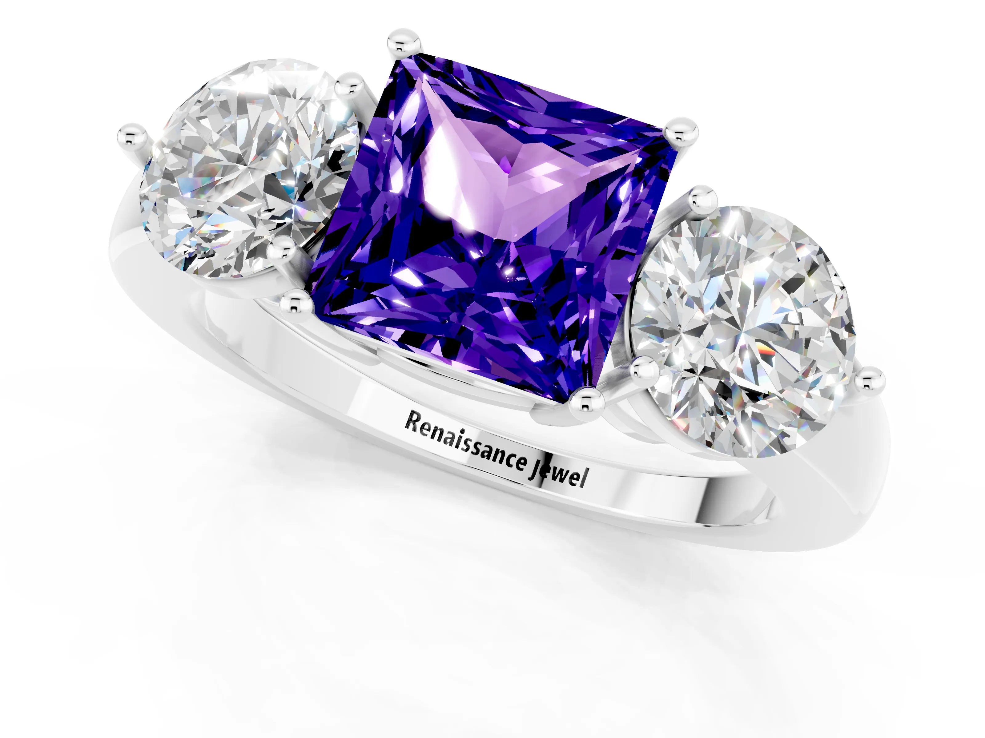 White gold Princess Cut Tanzanite Three-Stone Ring with Prong Setting and Classic Band_1