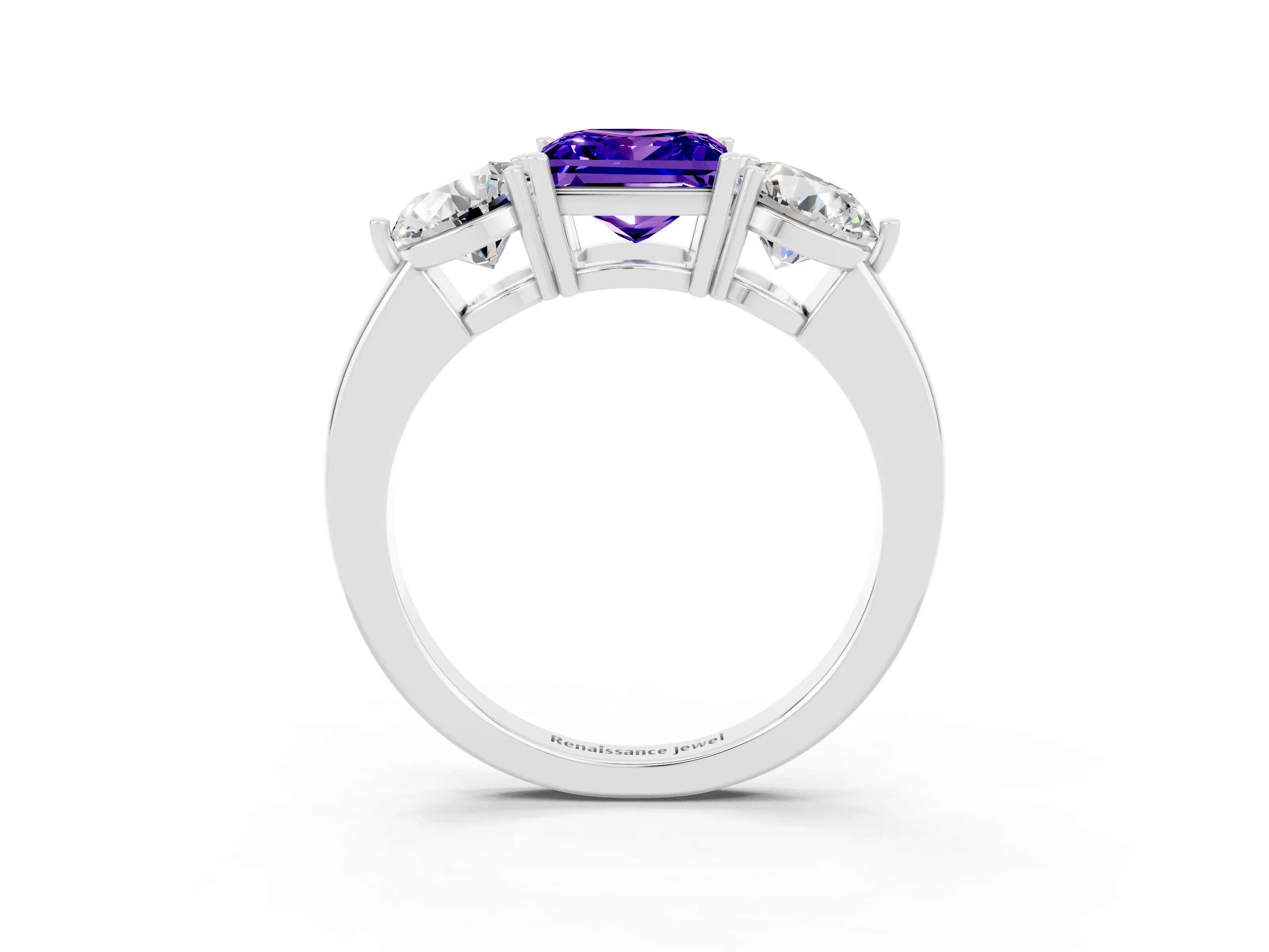 White gold Princess Cut Tanzanite Three-Stone Ring with Prong Setting and Classic Band_3