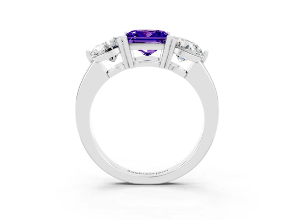 Silver Princess Cut Tanzanite Three-Stone Ring with Prong Setting and Classic Band