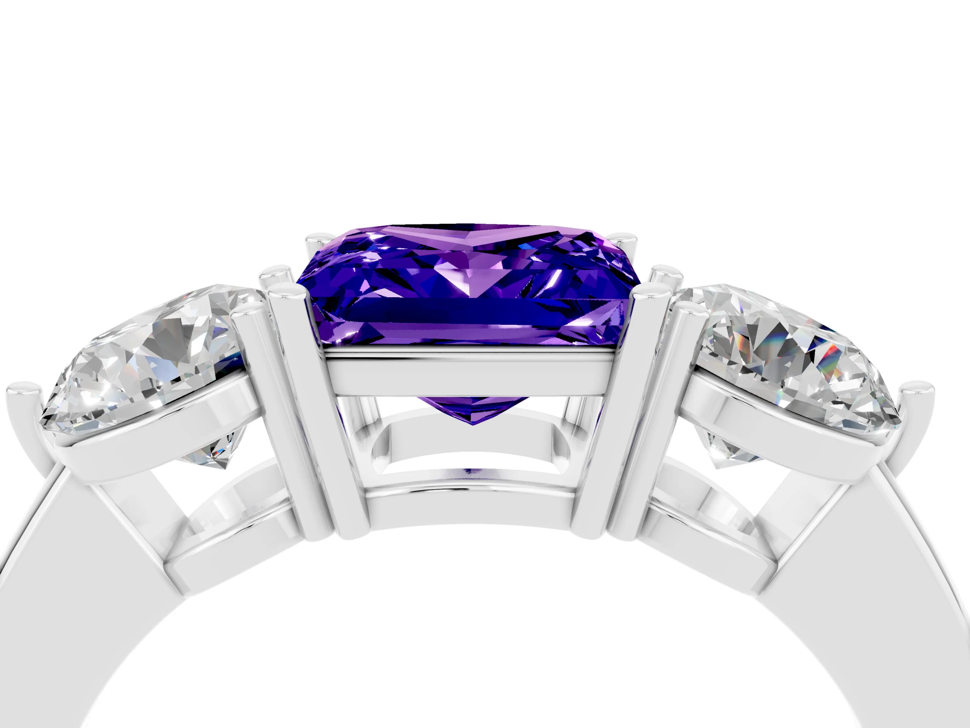 White gold Princess Cut Tanzanite Three-Stone Ring with Prong Setting and Classic Band_4
