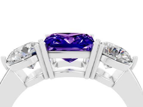 White gold Princess Cut Tanzanite Three-Stone Ring with Prong Setting and Classic Band_4