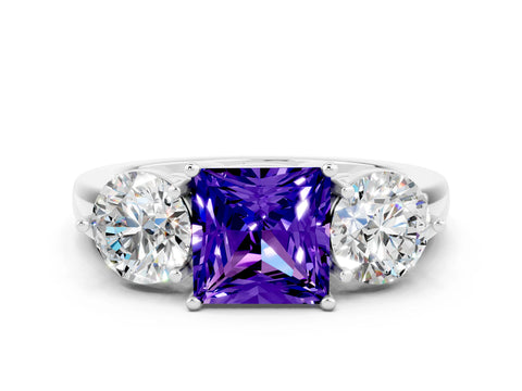 White gold Princess Cut Tanzanite Three-Stone Ring with Prong Setting and Classic Band