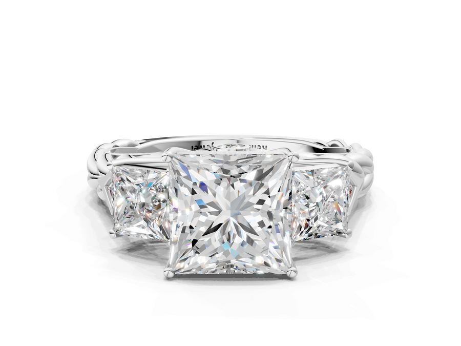 White gold Princess Cut Three-Stone Braided Band Ring with Four-Prong Setting