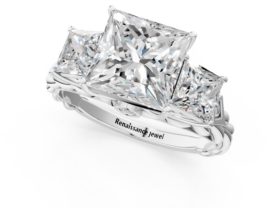 White gold Princess Cut Three-Stone Braided Band Ring with Four-Prong Setting
