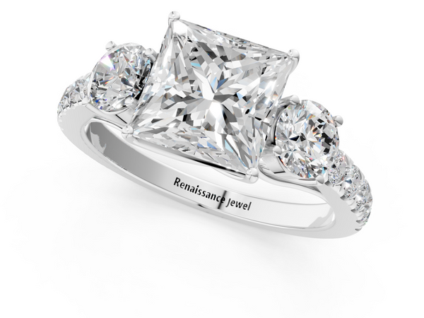 White gold Princess Cut Diamond Three-Stone Ring with Round Side Stones and Pavé Band