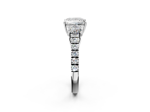 White gold Princess Cut Diamond Three-Stone Ring with Round Side Stones and Pavé Band