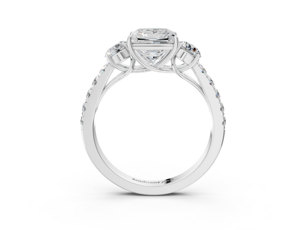 White gold Princess Cut Diamond Three-Stone Ring with Round Side Stones and Pavé Band