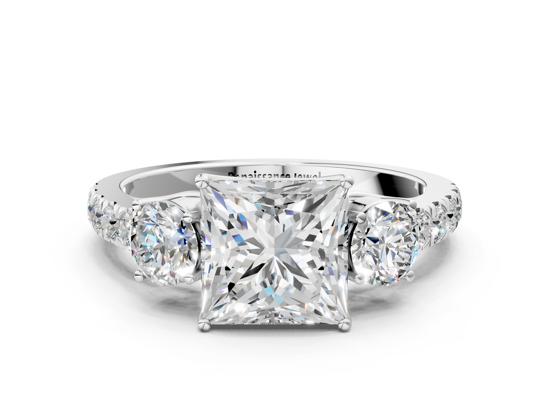 White gold Princess Cut Three-Stone Diamond Pave Band with Prong Setting_105