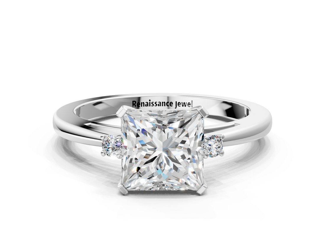 White gold Princess Cut Three-Stone Solitaire Ring with Round Accent Diamonds and Four-Prong Setting_49