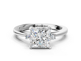 White gold Princess Cut Three-Stone Solitaire Ring with Round Accent Diamonds and Four-Prong Setting_49