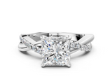 White gold Princess Cut Twist Band Solitaire Diamond Ring with Pavé Setting_54
