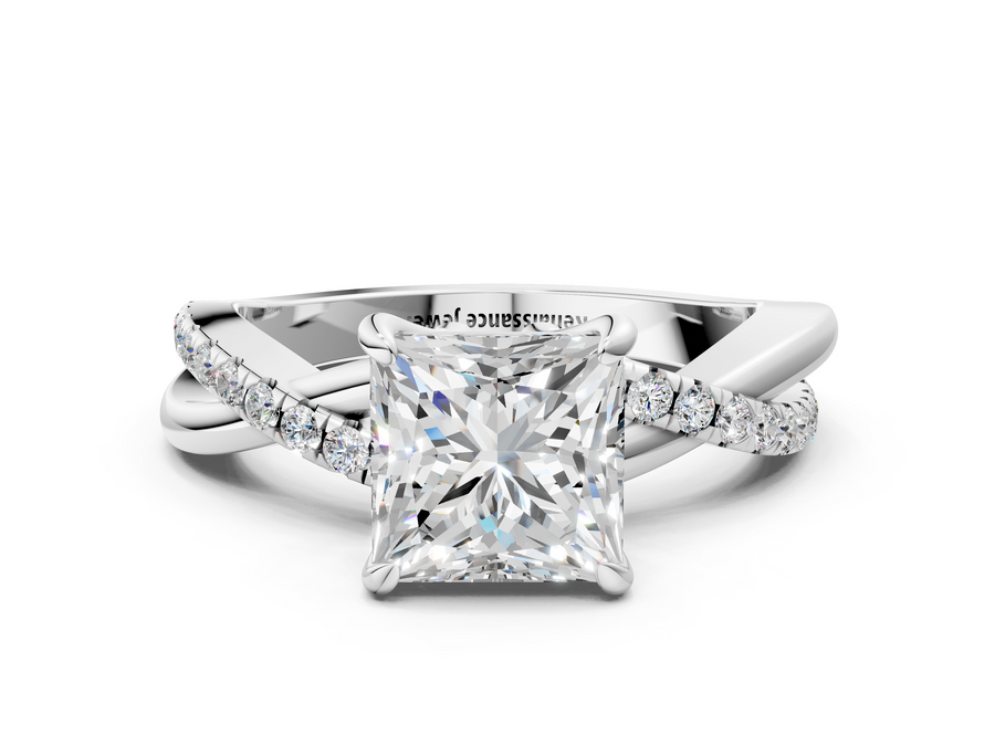 White gold Princess Cut Twist Band Solitaire Diamond Ring with Pavé Setting