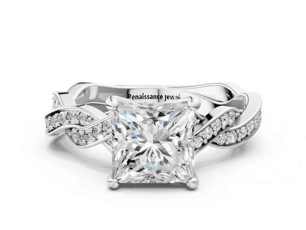 White gold Princess Cut Twisted Pavé Band Solitaire Ring with Four-Prong Setting