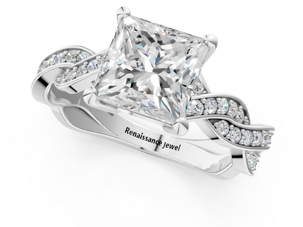 White gold Princess Cut Twisted Pavé Band Solitaire Ring with Four-Prong Setting