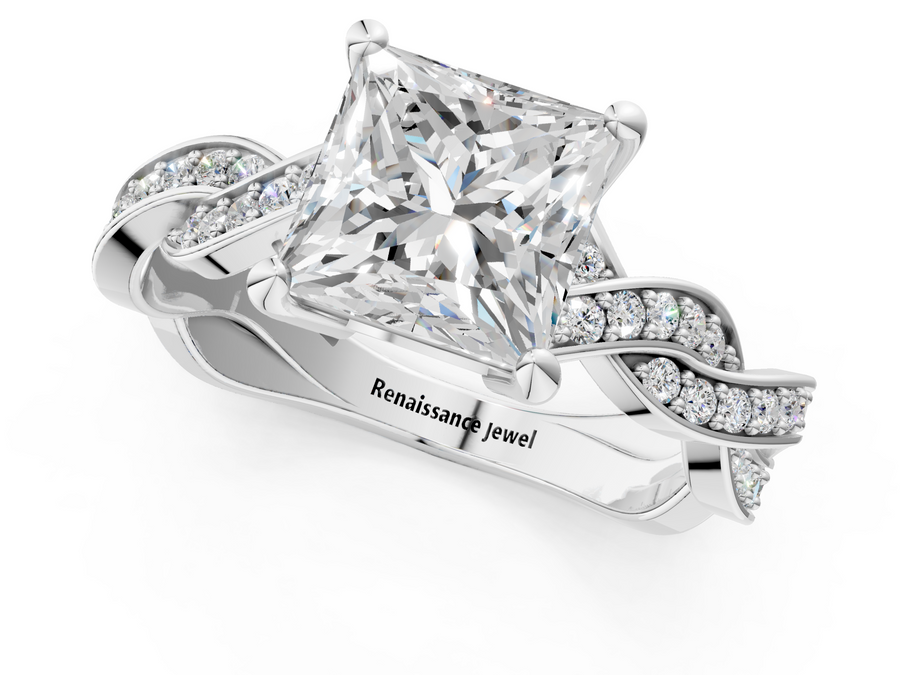 White gold Princess Cut Twisted Pavé Band Solitaire Ring with Four-Prong Setting
