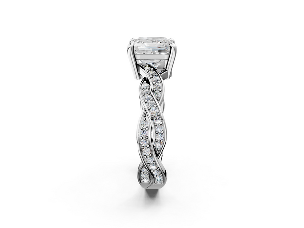 White gold Princess Cut Twisted Pavé Band Solitaire Ring with Four-Prong Setting