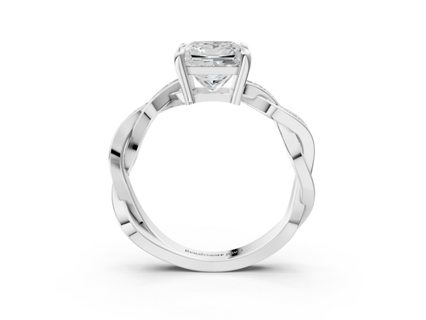 White gold Princess Cut Twisted Pavé Band Solitaire Ring with Four-Prong Setting