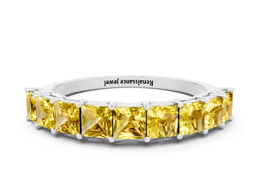 White gold Princess Cut Yellow Sapphire Channel-Set Eternity Band with Prong Setting_6